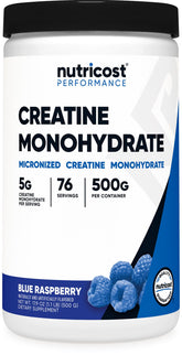 Nutricost Créatine Monohydrate framboise bleue dans la bouteille, soutien entraînement