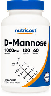 Nutricost D-Mannose: bouteille de 120 capsules, soutien potentiel du confort urinaire.