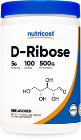 Nutricost D‑Ribose Poudre, bouteille 500 g, dosages pratiques et sans OGM.