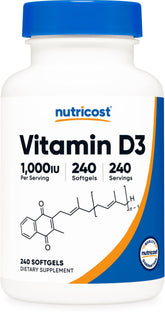 Nutricost D3 1000 UI gélules-bouteille, soutien quotidien en vitamine D.