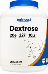 Nutricost Dextrose en poudre dans la bouteille, texture fine pour mélanges rapides.
