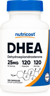 Nutricost DHEA 25mg - bouteille de capsules, format pratique pour usage quotidien.