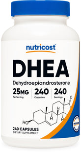 Nutricost DHEA 25 mg, bouteille, dosage pratique pour routine quotidienne.