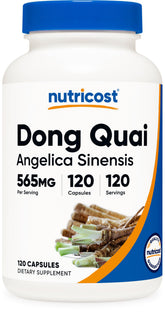 Nutricost Dong Quai 565mg, bouteille de capsules pratique pour usage quotidien.