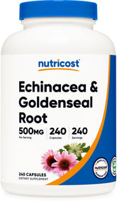 Nutricost echinacee et hydraste jaune, bouteille prête à l’emploi, gélules faciles à prendre.