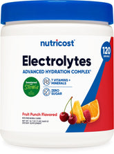 Nutricost Électrolyte Complexe poudre, emballage Fruit Punch; hydratation pratique et savoureuse.