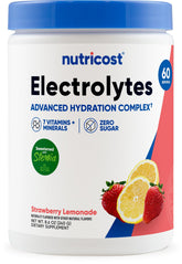 Nutricost Électrolytes Complexe Poudre Fraise Citronnade en bouteille pour hydratation rafraîchissante