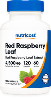 Nutricost Extrait Feuille Framboise Rouge 4500 mg équivalent, bouteille pratique pour routine quotidienne.