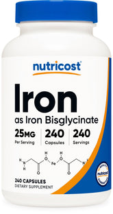 Nutricost Fer Bisglycinate – bouteille visible, soutien quotidien potentiel.