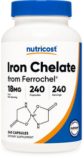 Nutricost Ferrochel 18 mg – bouteille montrant le format chelaté et la facilité d'utilisation.