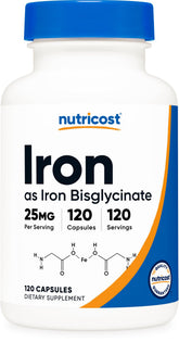 Nutricost Ferrochel 25 mg, gélules, soutien quotidien en fer à haute biodisponibilité.