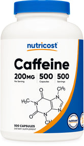 Nutricost gélules caféine 200 mg emballage – énergie durable sans sucre.