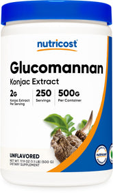 Poudre Nutricost glucomannan en bouteille 500 g, riche en fibres et pratique.