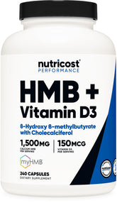 Nutricost HMB D3 gélules dans la bouteille, apport quotidien potentiel.
