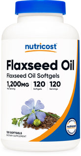 Nutricost huile de lin 1200mg dans flacon, apport quotidien en oméga-3.