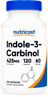 Nutricost Indole-3-Carbinol — bouteille et emballage, soutien potentiel du système hormonal féminin.