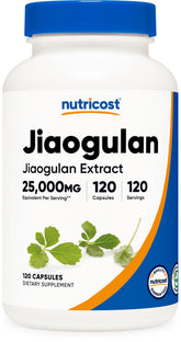 Nutricost Jiaogulan Extrait bouteille 120 capsules prête pour la routine végétalienne.