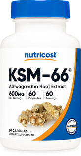 Nutricost KSM-66 Ashwagandha Extrait – bouteille affichée, soutien potentiel au bien-être quotidien.