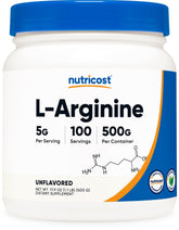 Nutricost L-Arginine en poudre 500 g affichant l'étiquette et la contenance, usage pré-entraînement possible