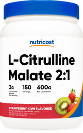 Nutricost L-Citrulline Malate 2:1 en bouteille fraise-kiwi, goût agréable pour la récupération.