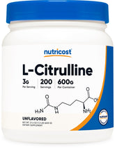 Nutricost L-Citrulline en poudre base 600 g prêt pour une boisson sportive.