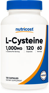 Nutricost L-Cystéine: bouteille 120 capsules, sans OGM ni gluten, pratique pour routine quotidienne.