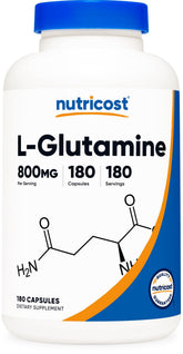 Nutricost L-Glutamine 800 mg, bouteille prête à l’usage quotidien.