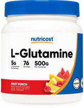 Nutricost L-Glutamine Fruit Punch en flacon pratique pour une utilisation quotidienne.