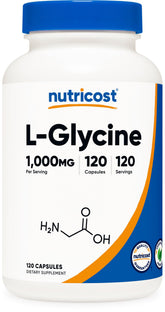 Nutricost L-Glycine 1000 mg, capsules végétariennes faciles à prendre au quotidien.