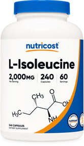 Nutricost L-Isoleucine : bouteille de 240 capsules prête pour les séances d'entraînement.