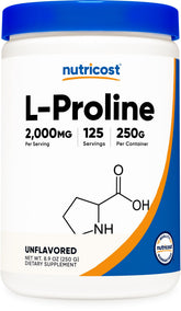 Nutricost L-Proline Poudre en bouteille, prêt à doser pour vos routines.