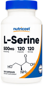 Nutricost L-Serine – flacon et capsule, dosage 500 mg, facile à intégrer dans la routine.