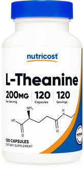 Nutricost L-Theanine dans la bouteille, dose quotidienne facile pour calme et concentration.