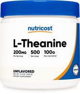 Nutricost L-Theanine poudre – bouteille, apport quotidien pratique pour la détente potentielle.