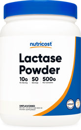 Nutricost Lactase en poudre dans une bouteille 500 g, prêt à l’emploi.