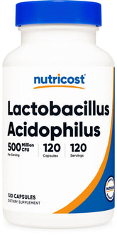 Nutricost Lactobacillus Acidophilus Capsules — bouteille, soutien potentiel du microbiote intestinal.