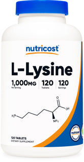 Nutricost L-Lysine 1000mg, bouteille pratique pour un soutien nutritionnel quotidien.