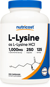 Nutricost L-Lysine 1000mg, bouteille, capsules faciles à avaler pour le quotidien.