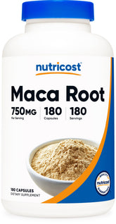 Nutricost Maca 750 mg, capsules dans une bouteille pratique pour l’utilisation quotidienne.