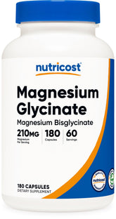 Gélules Nutricost magnésium glycinate dans une bouteille ouverte, absorption douce.