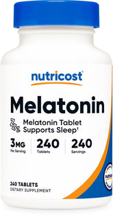 Nutricost Mélatonine 3 mg, bouteille de 240 tablettes, soutien potentiel du rythme circadien.