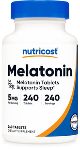Nutricost Mélatonine 5 mg, bouteille complète, comprimés faciles à avaler.