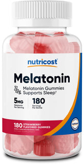 Nutricost Mélatonine 5 mg, gomme en bouteille, idéale pour la routine nocturne.