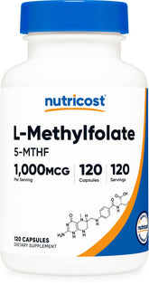 Nutricost Methylfolate – bouteille ouverte, dosage pratique au quotidien.