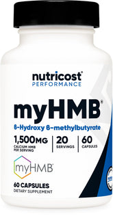 Nutricost myHMB capsules, bouteille ouverte, prise rapide pour routine sportive