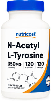 Nutricost N-Acetyl L-Tyrosine 350mg – bouteille claire, soutien potentiel de concentration et clarté mentale.