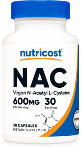 Nutricost NAC 600 mg – boîte de capsules véganes prête à l’emploi.
