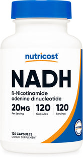 Nutricost NADH, bouteille de 120 capsules, pratique pour la routine quotidienne.