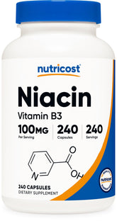 Nutricost Niacine 100 mg en bouteille avec 240 capsules pour un usage quotidien.