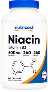 Bouteille Nutricost Niacine 500 mg, soutien potentiel du métabolisme.